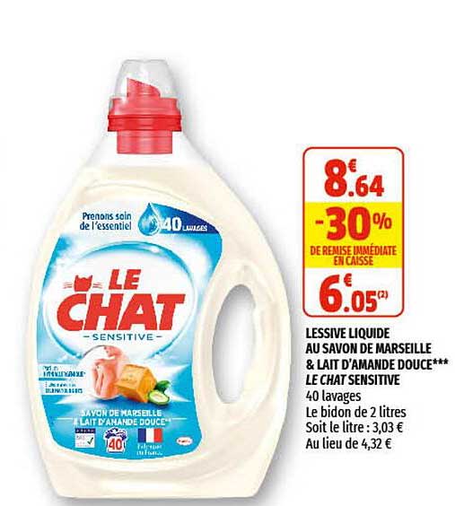 lessive liquide au savon de marseille & lait d'amande douce le chat sensitive