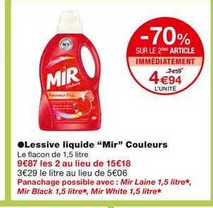 lessive liquide mir couleurs -70% sur le 2ème article immédiatement