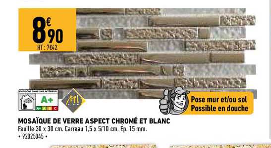 mosaïque de verre aspect chromé et blanc