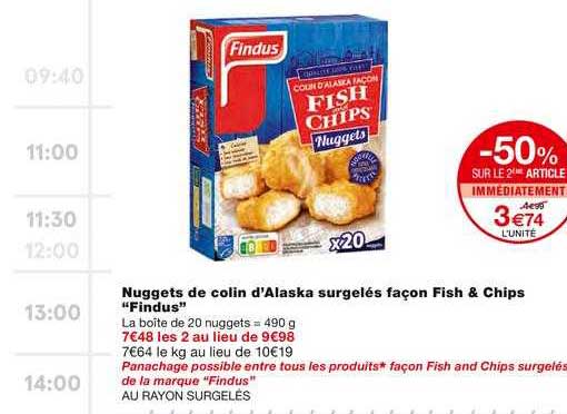 nuggets de colin d'alaska surgelés façon fish & chips findus -50% sur le 2ème article immédiatement