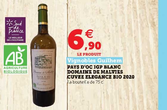 pays d'oc igp blanc domaine de malvies cuvée élégance bio 2020 vignobles guilhem