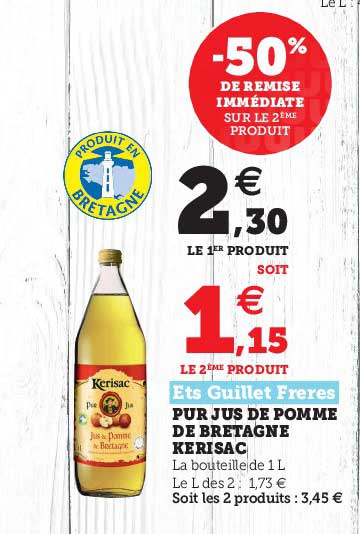 pur jus de pomme de bretagne kerisac est guillet frères -50% de remise immédiate sur le 2ème produit