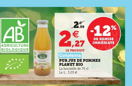 pur jus de pommes planet bio cototerra -12% de remise immédiate