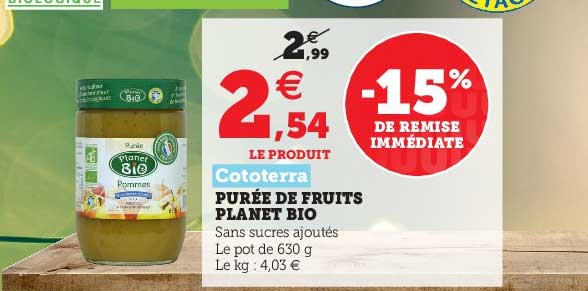 purée de fruits planet bio cototerra -15% de remise immédiate