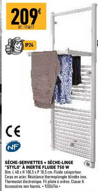 sèche-serviettes + sèche-linge "stylo" à inertie fluide 750 w