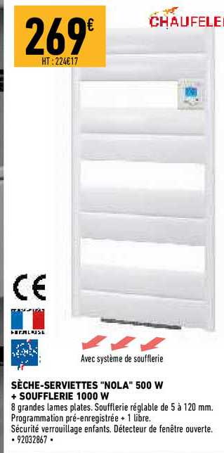 sèche-serviettes "nola" 500 w + soufflerie 1000 w