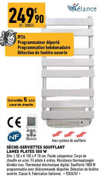 sèche-serviettes soufflant lames plates 500 w