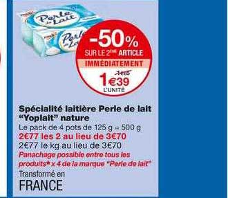 spécialité laitière perle de lait yoplait nature -50% sur le 2ème article immédiatement