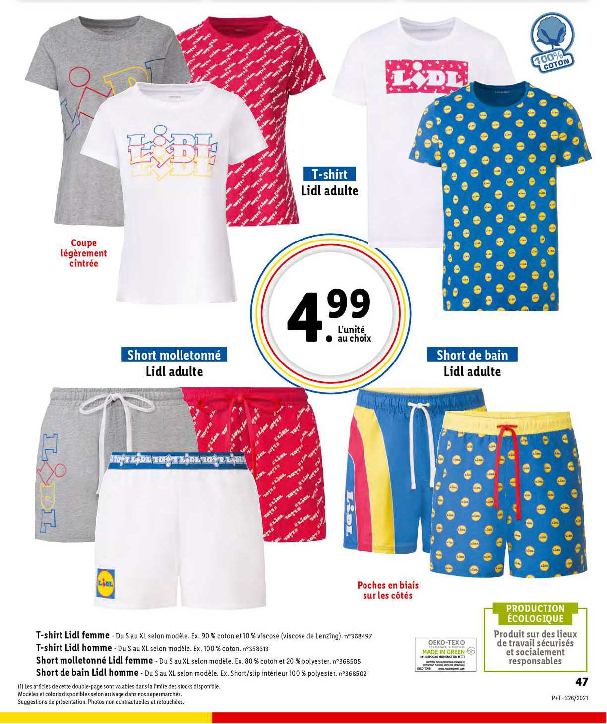 t-shirt lidl adulte, short molletonné, short de bain