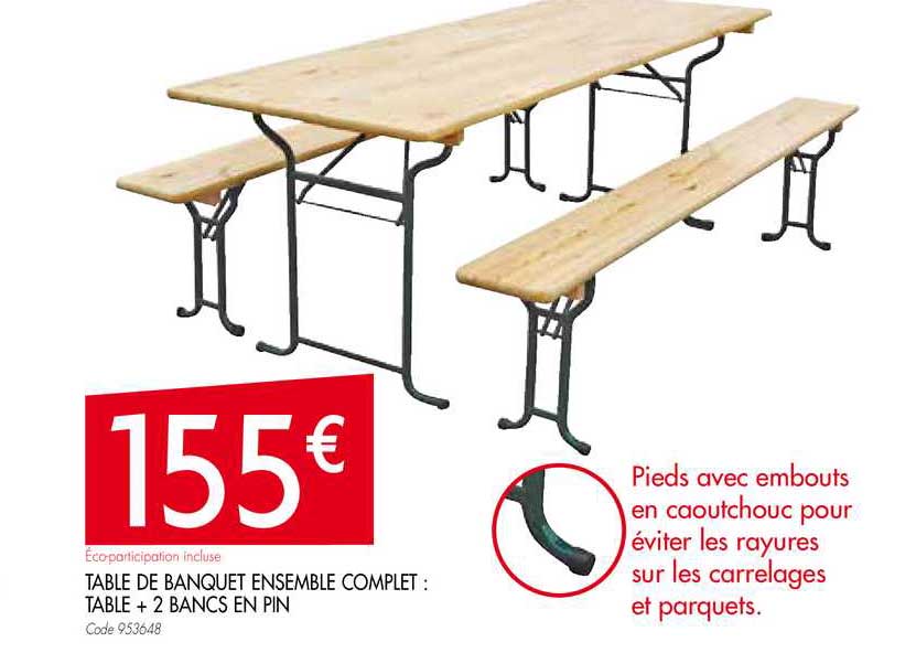 table de banquet ensemble complet table +2 bancs en pin