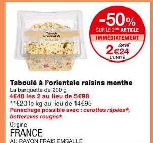 Taboulé à L'orientale Raisins Menth -50% Sur Le 2ème Article Immédiatement