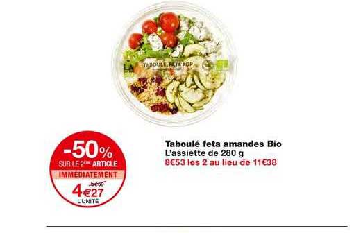 taboulé feta amandes bio -50% sur le 2ème article immédiatement