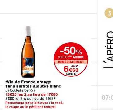 vin de france orange sans sulfites ajoutés blanc