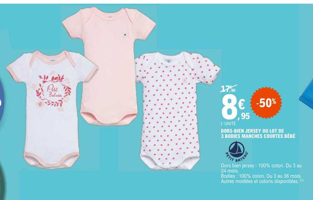 dors-bien jersey ou lot de 3 bodies manches courtes bébé petit bateau
