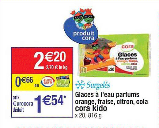 glaces à l'eau parfums orange, fraise, citron, cola cora kido