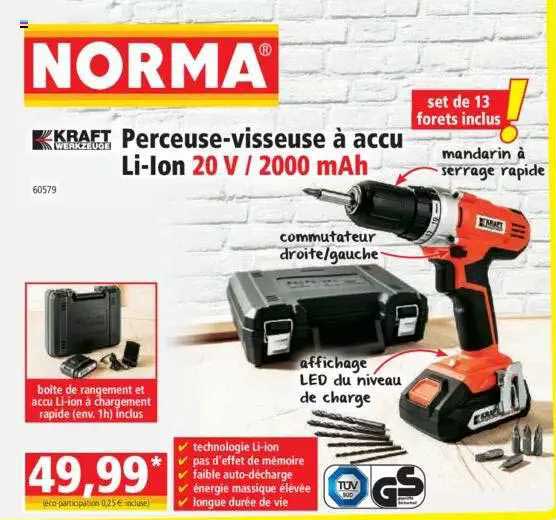 kraft perceuse-visseuse à accu li-ion 20v 2000mah