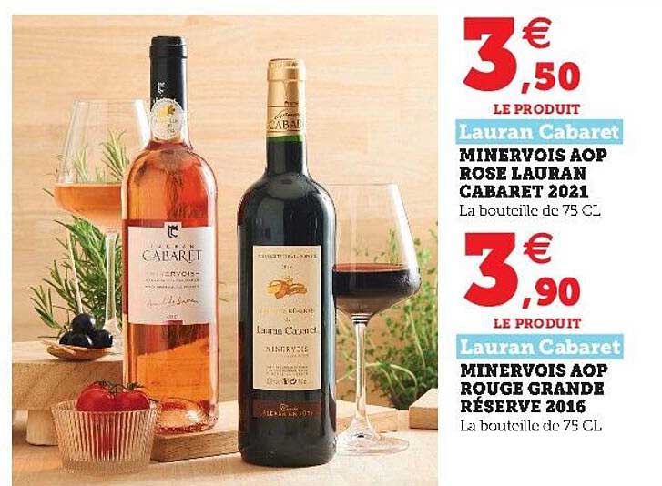 minervois aop rose lauran cabaret 2021, minervois aop rouge grande réserve 2016