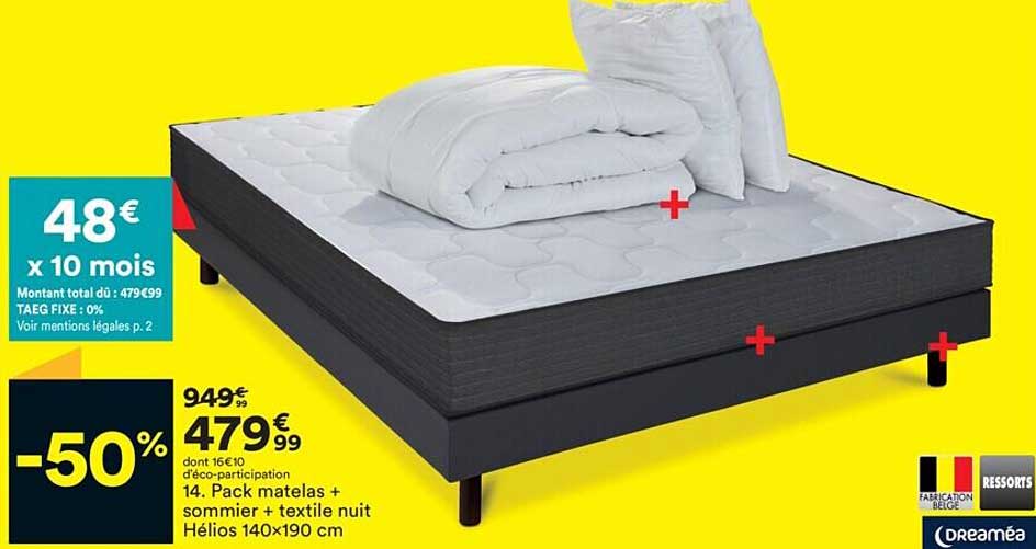 pack matelas + sommier + textile nuit hélios 140x190 cm