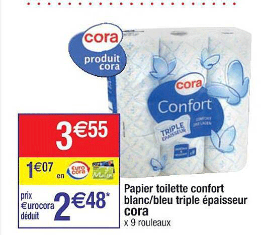 papier toilette confort blanc-bleu triple épaisseur cora
