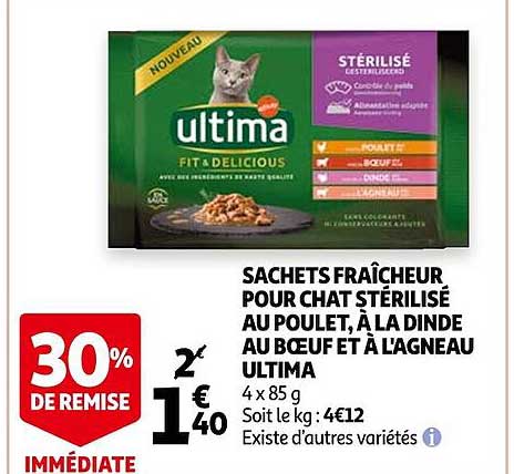 sachets fraîcheur pour chat stérilisé au poulet, à la dinde au boeuf et à l'agneau ultima