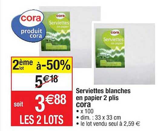 serviettes blanches en papier 2 plis cora