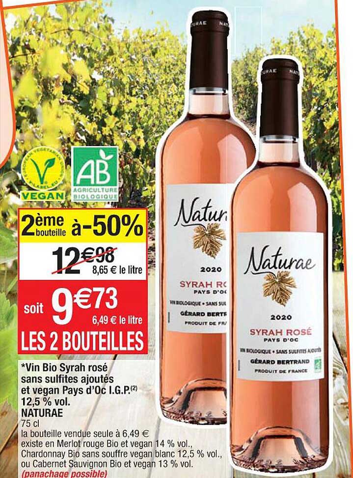 vin bio syrah rosé sans sulfites ajoutés et vegan pays d'oc i.g.p. 12,5% vol. naturae
