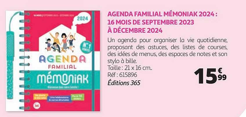 agenda familial mémoniak 2024 : 16 mois de septembre 2023 à décembre 2024