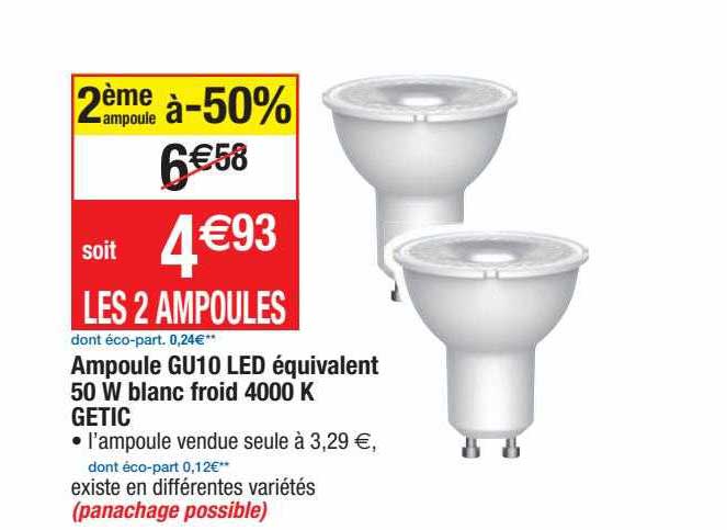 ampoule gu10 led équivalent 50 w blanc froid 4000 k getic