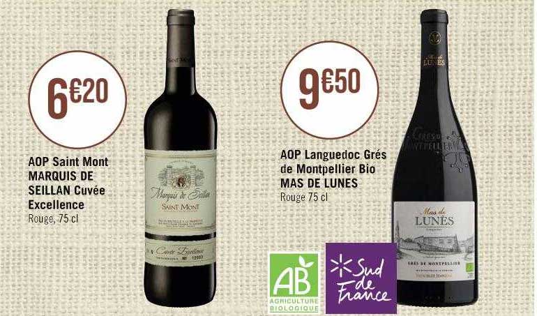 aop saint mont marquis de seillan cuvée excellence, aop languedoc grés de montpellier bio mas de lunes