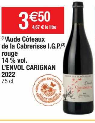 aude côteaux de la cabrerisse i.g.p. rouge l'envol carignan 2022