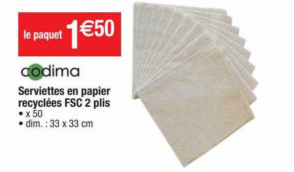 codima serviettes en papier recyclées fsc 2 plis