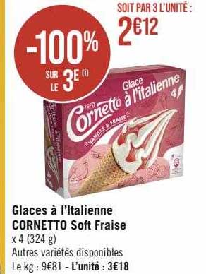 glaces à l'italienne cornetto soft fraise