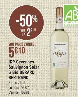 igp cevennes sauvignon solar 6 bio gérard bertrand