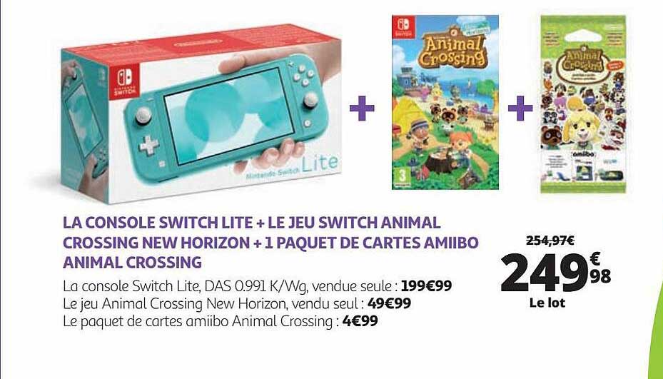 la console switch lite + le jeu switch animel crossing new horizon + 1 paquet de cartes amiibo animal crossing