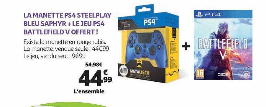 la manette ps4 steelplay bleu saphyr + le jeu ps4 battlefield v offert!