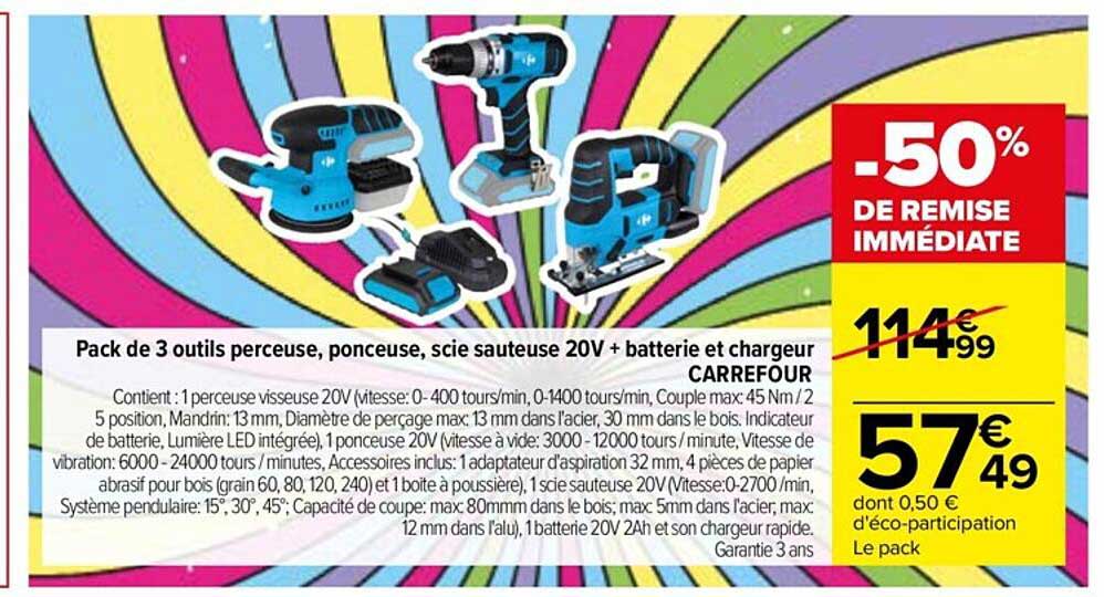 pack de 3 outils perceuse, ponceuse, scie sauteuse 20v + batterie et chargeur carrefour