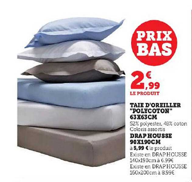 taie d'oreiller "polycoton" 63 x 63 cm, drap housse 90 x 190 cm