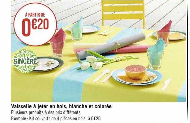 vaisselle à jeter en bois, blanche et colorée