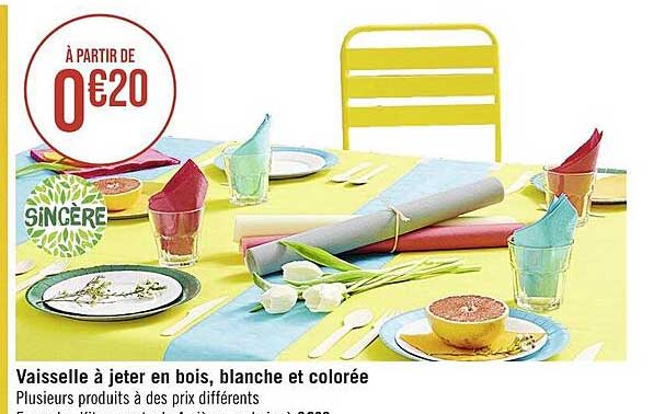 vaisselle à jeter en bois, blanche et colorée