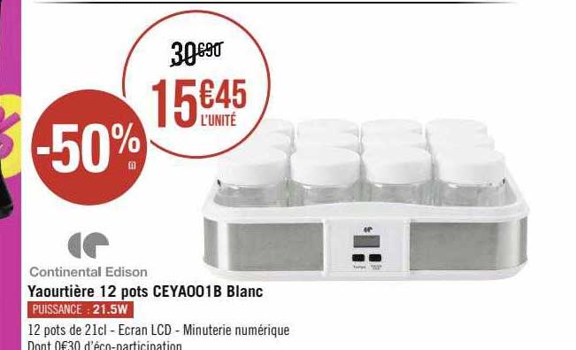 yaourtière 12 pots ceya001b blanc continental edison