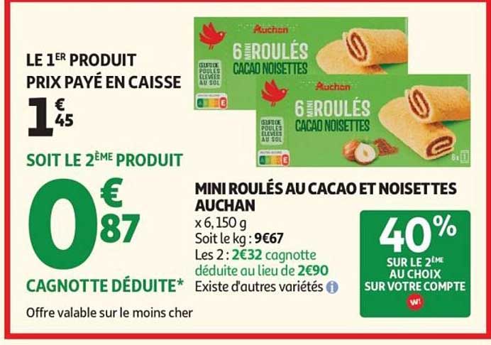 Auchan Mini Roulés au cacao et noisettes