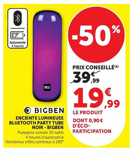 BIGBEN ENCEINTE LUMINEUSE BLUETOOTH PARTY TUBE NOIR - BIGBEN