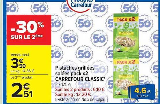 CARREFOUR CLASSIC' Pistaches grillées salées pack x2