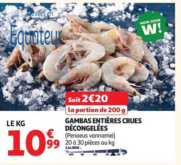 Gambas entières crues décongelées