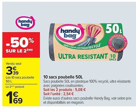 handy bag 10 sacs poubelle 50L