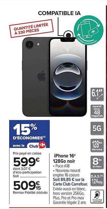 iPhone 16e 128Go noir