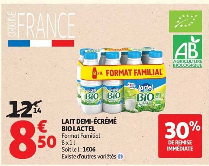Lait demi-écrémé Bio Lactel