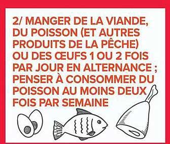 MANGER DE LA VIANDE, DU POISSON (ET AUTRES PRODUITS DE LA PÊCHE) OU DES ŒUFS 1 OU 2 FOIS PAR JOUR EN ALTERNANCE ; PENSER À CONSOMMER DU POISSON AU MOINS DEUX FOIS PAR SEMAINE