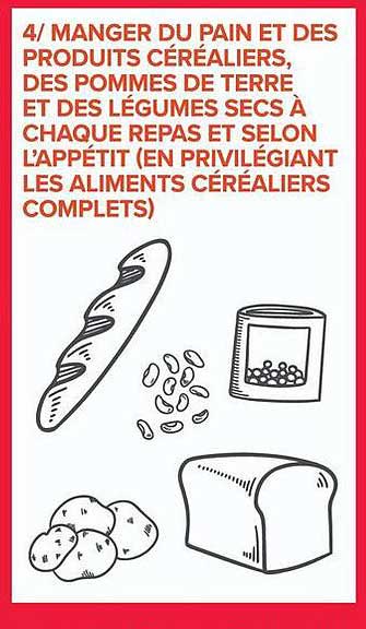 MANGER DU PAIN ET DES PRODUITS CÉRÉALERS, DES POMMES DE TERRE ET DES LÉGUMES SECS À CHAQUE REPAS ET SELON L’APPÉTIT (EN PRIVILÉGIANT LES ALIMENTS CÉRÉALIERS COMPLETS)