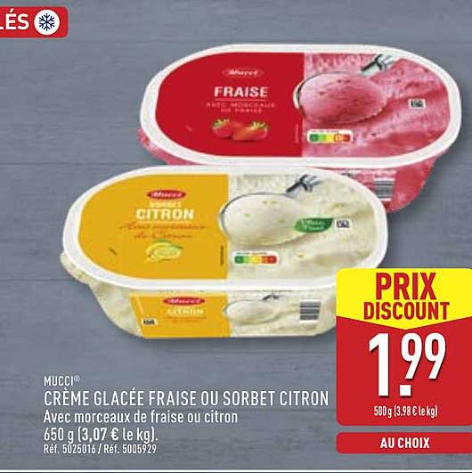MUCCI CRÈME GLACÉE FRAISE OU SORBET CITRON
